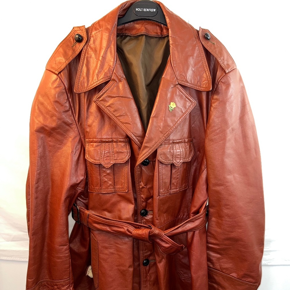 Vintage Men's Rust/Oxblood Leather Safari Coat Removable Belt & Flower Embroider